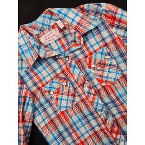Panhandle Western Plaid Long Sleeve Snap Shirt Kids Size S Blue Red White Lurex